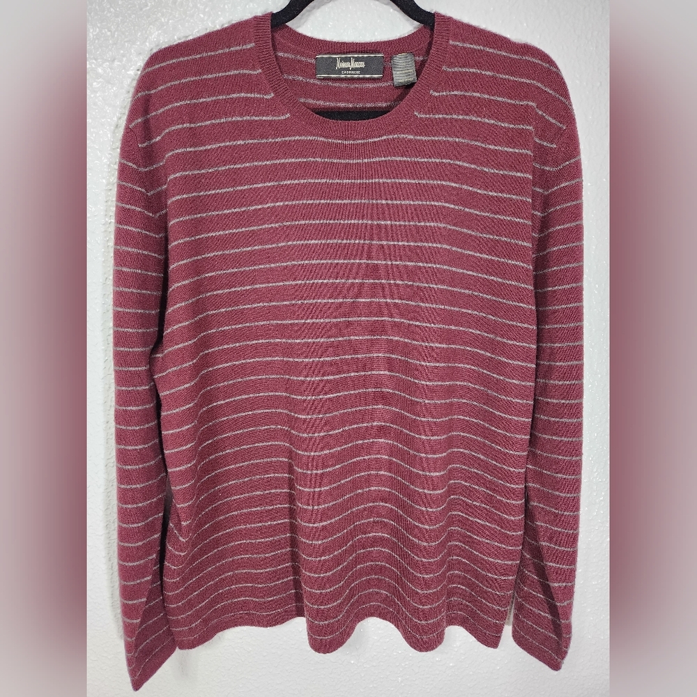 Neiman Marcus 100% Cashmere Striped Gray Sweater, Size XL, nwot